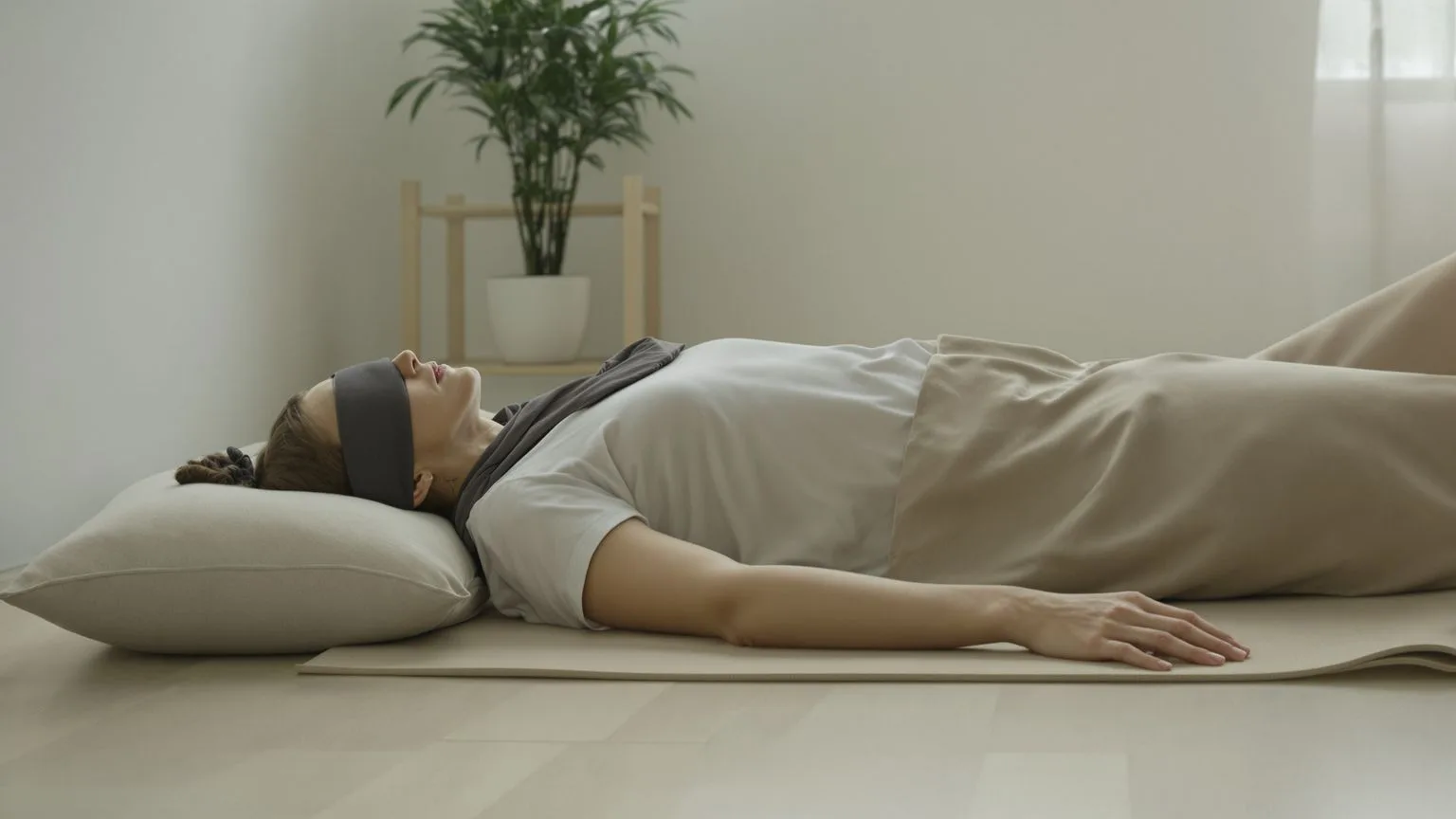 Person lying in Feeling Session posture on wooden floor with palms down exploring relationship anxiety