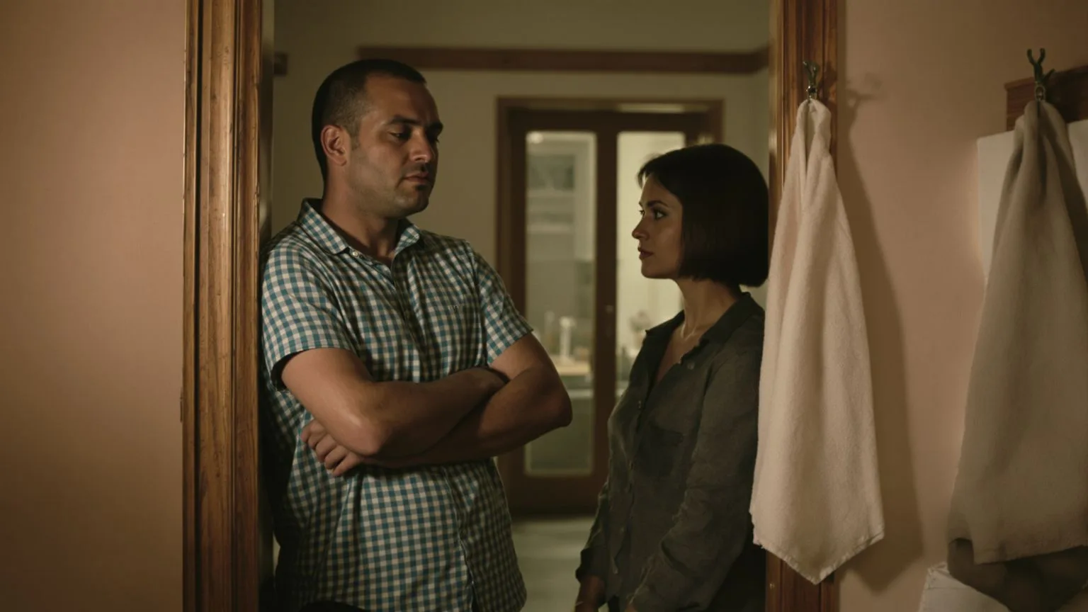 Two people standing apart in a kitchen doorway with body tension showing relationship anxiety
