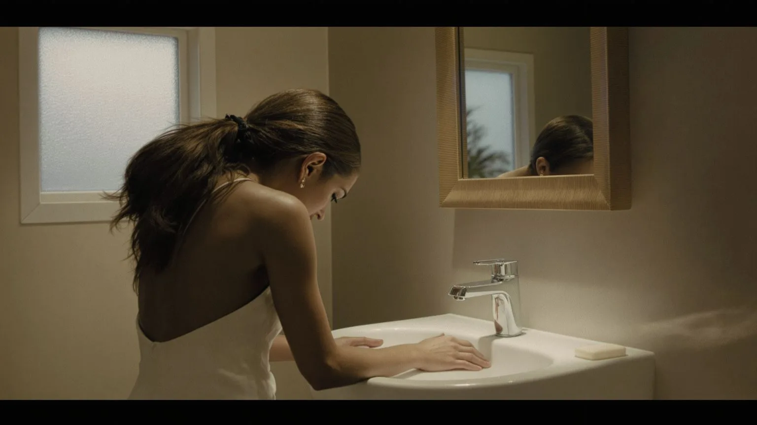 Woman at bathroom sink with bowed head reflected in mirror during relationship anxiety reset