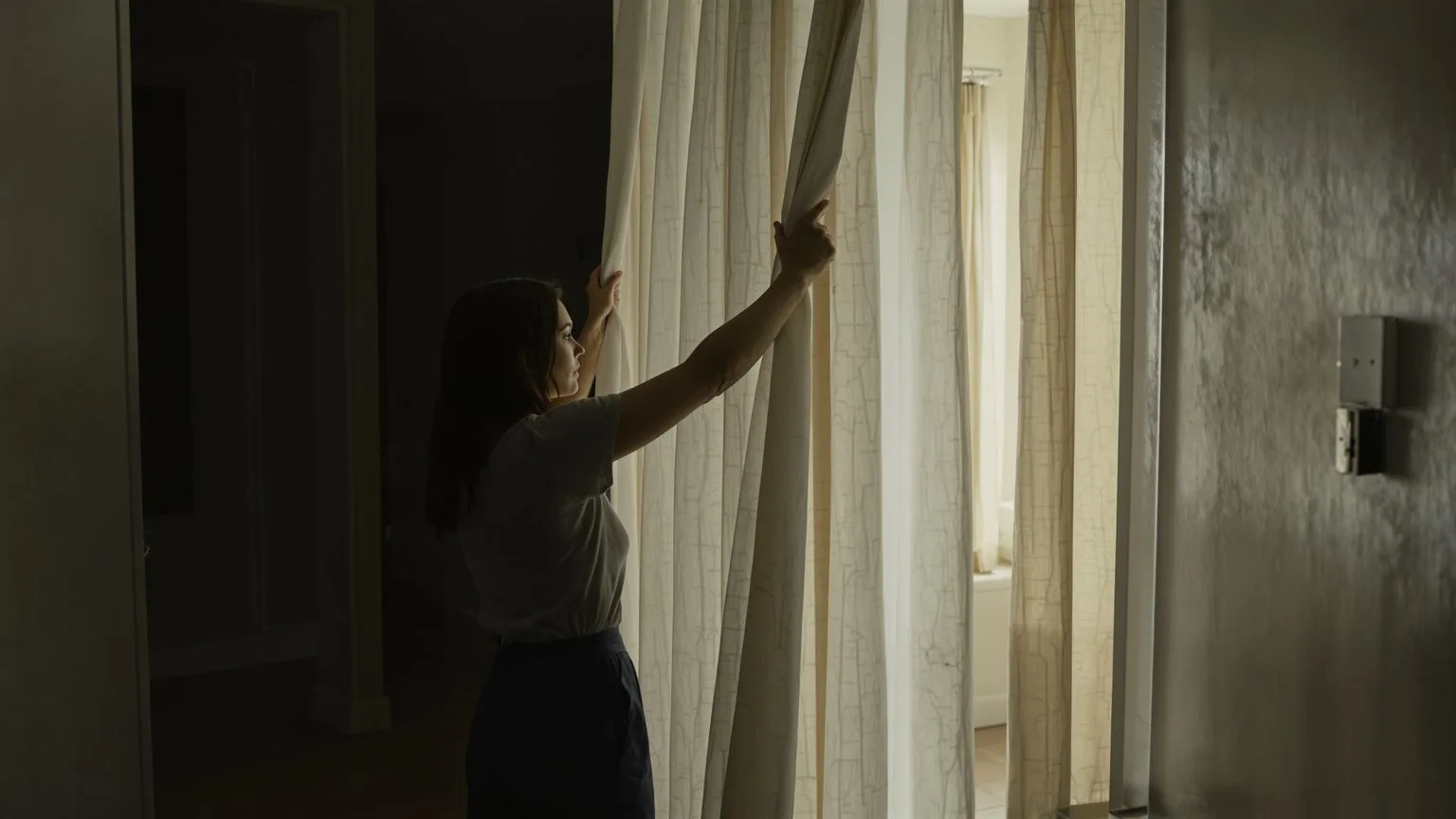 Woman pulling back a hallway curtain stepping into light after practicing with relationship anxiety
