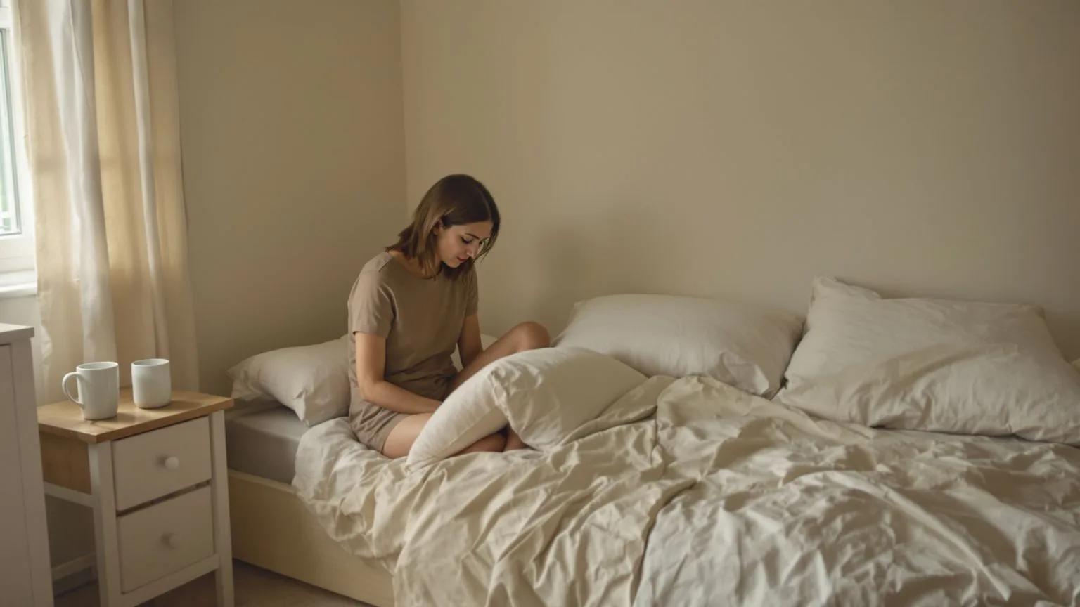 Woman sitting on bed edge turned toward empty pillow experiencing relationship anxiety in soft morning light