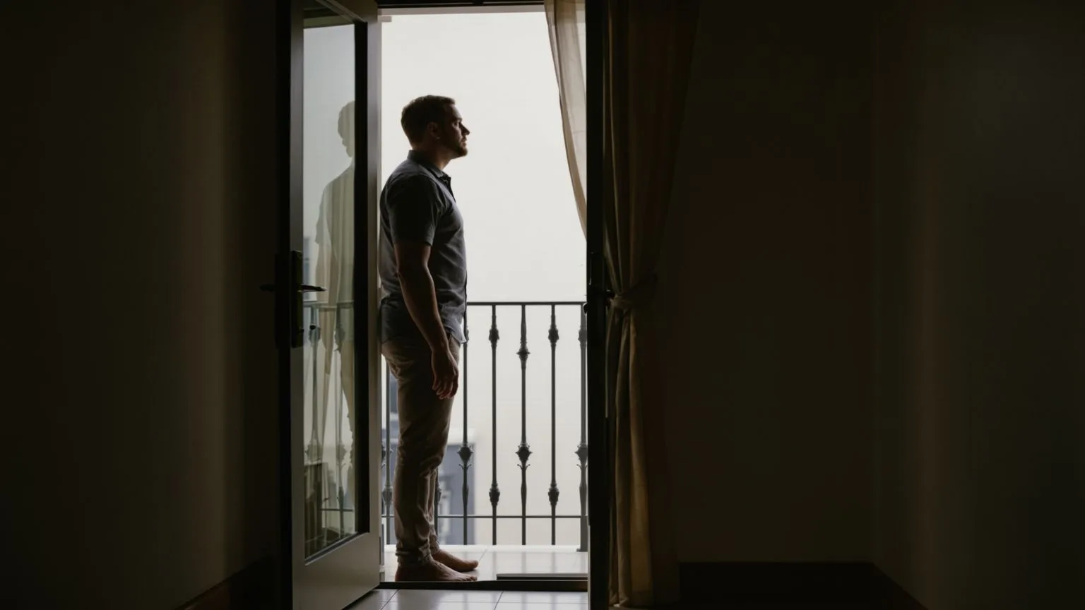 Man standing at balcony threshold between shadow and light illustrating why insight alone doesn't stop the spiral