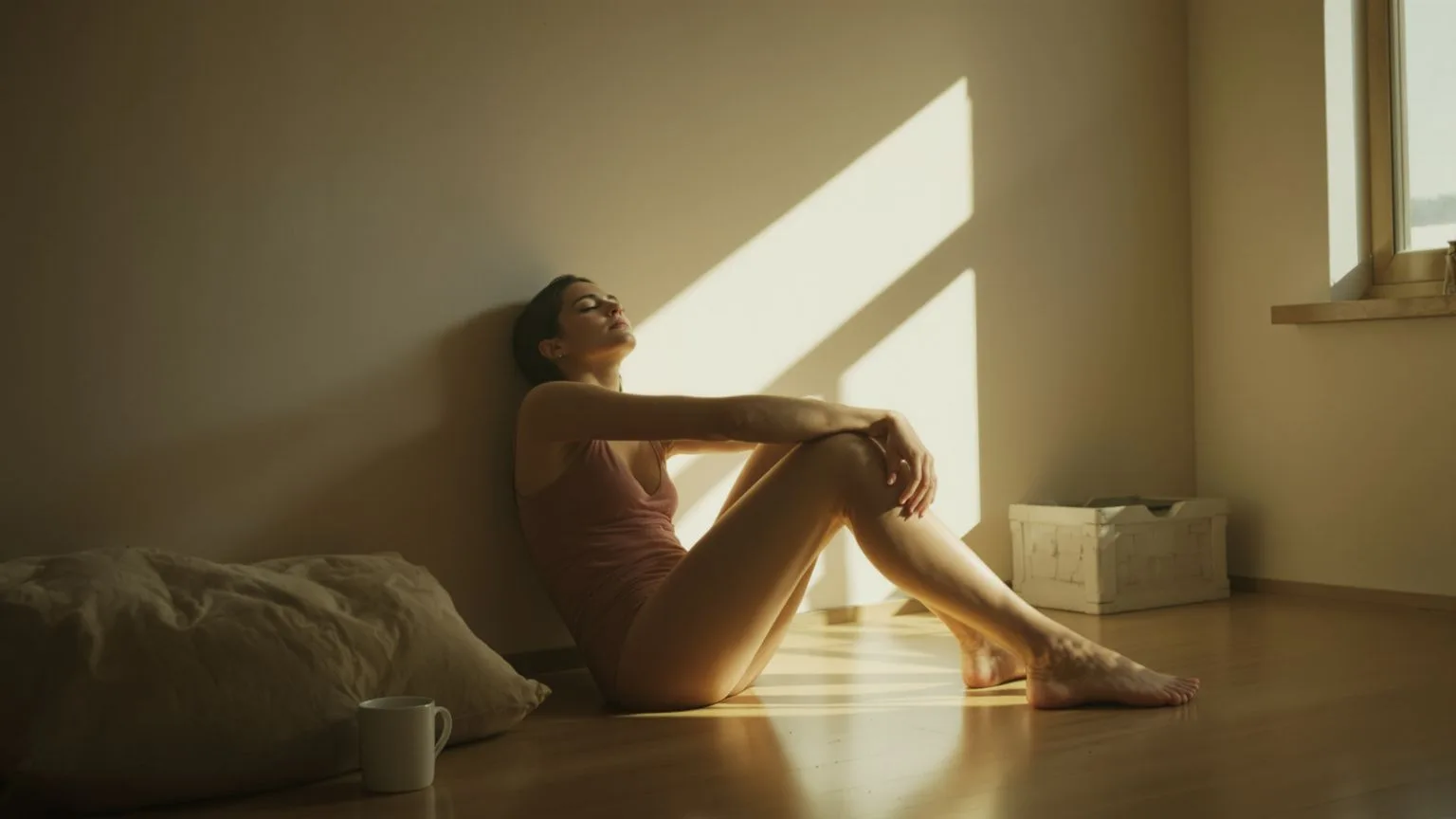 Person sitting on wooden floor feeling not good enough, head tilted down, morning light across quiet living room