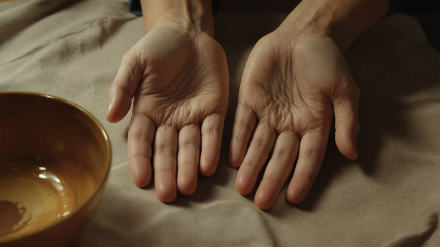 Relaxed hands resting palms down on linen tablecloth showing what changes after you practice this for a week