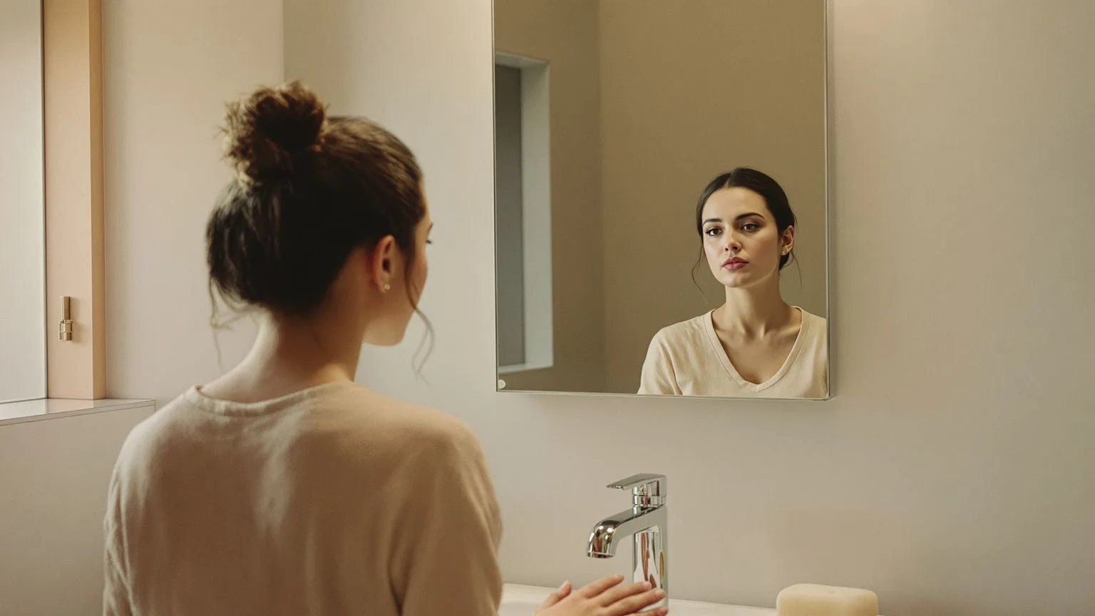 Woman at bathroom mirror with visible throat and neck reflecting why this voice sounds like you