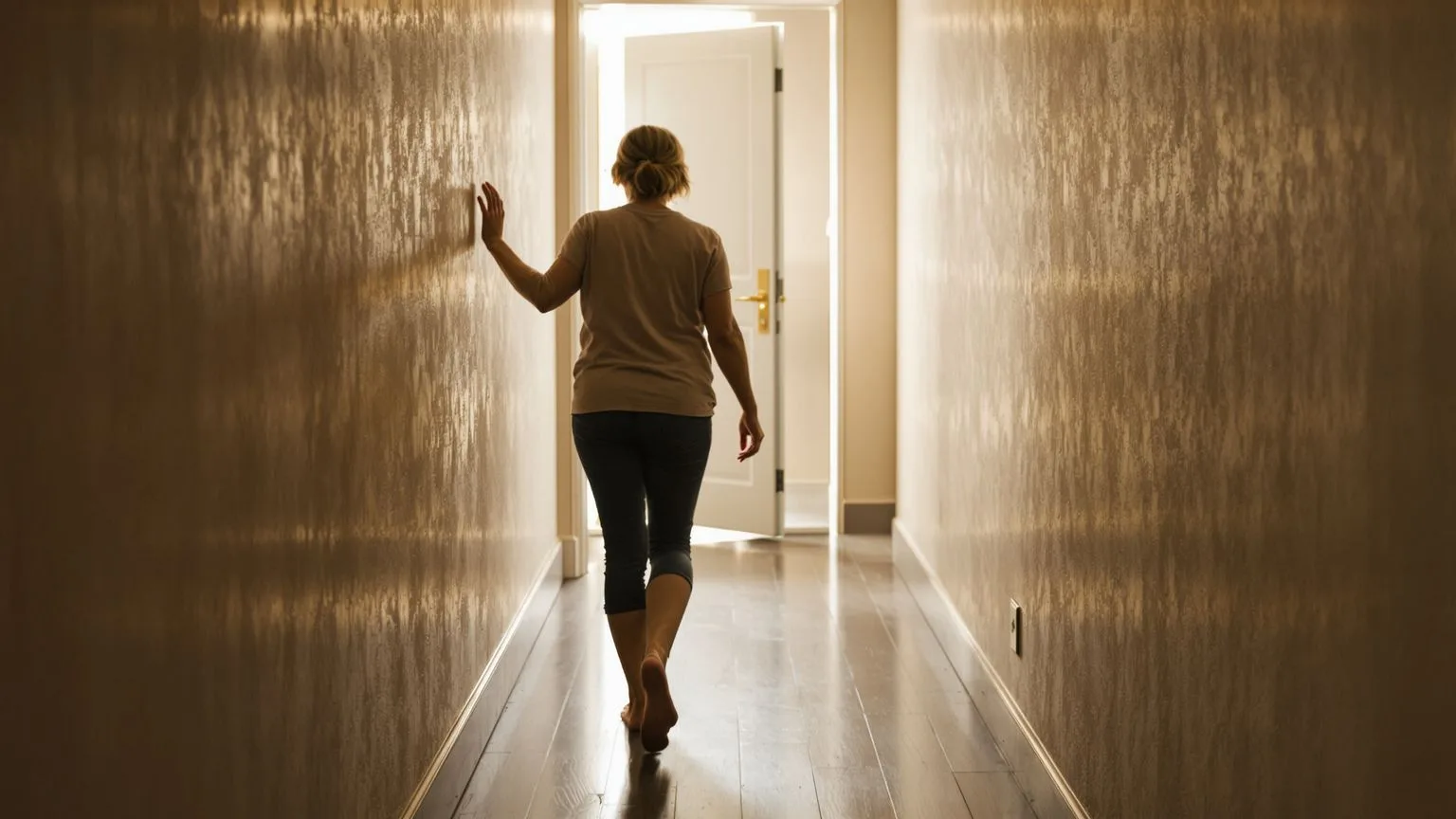 Woman walking through dim hallway toward light when not good enough feels like a fact