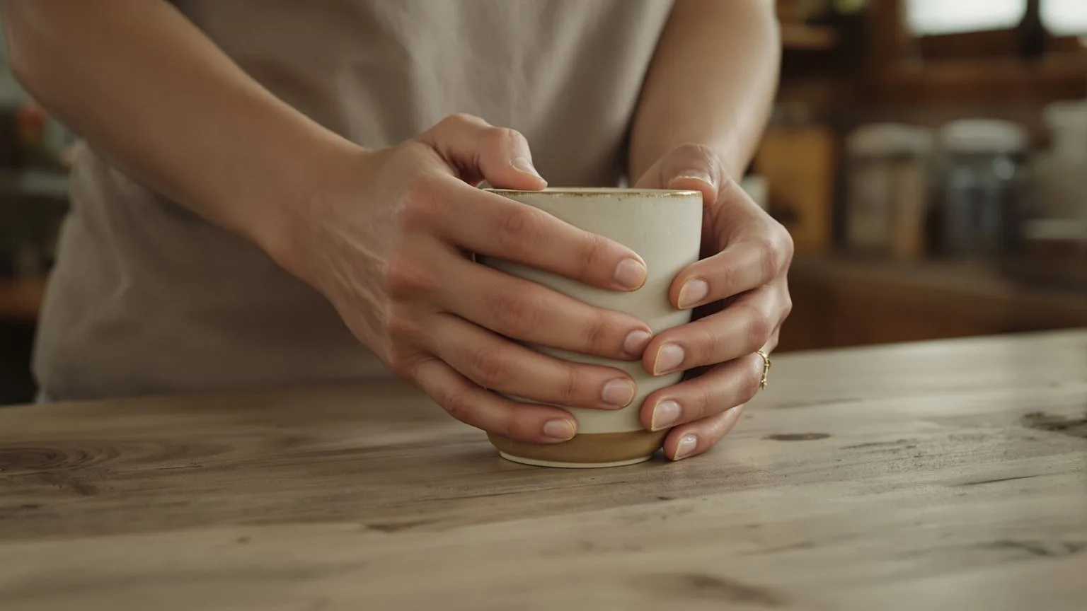 Hands gripping a ceramic cup on a wooden kitchen table, visualizing what keeps feeling empty in place