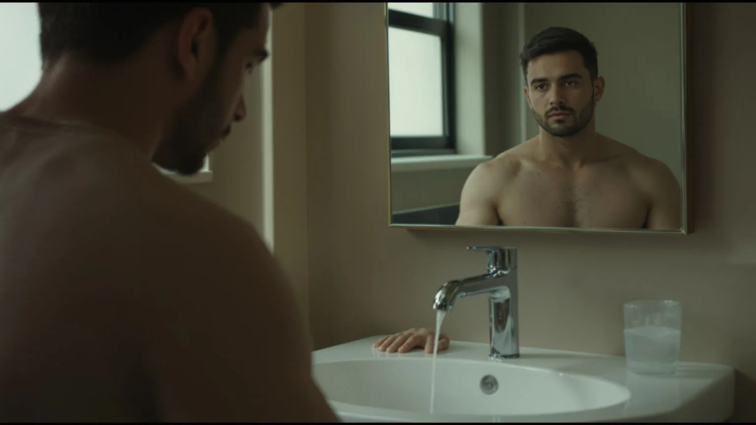 Man at a bathroom sink with mirror reflection, gaze downward, progress feeling like relapse in healing