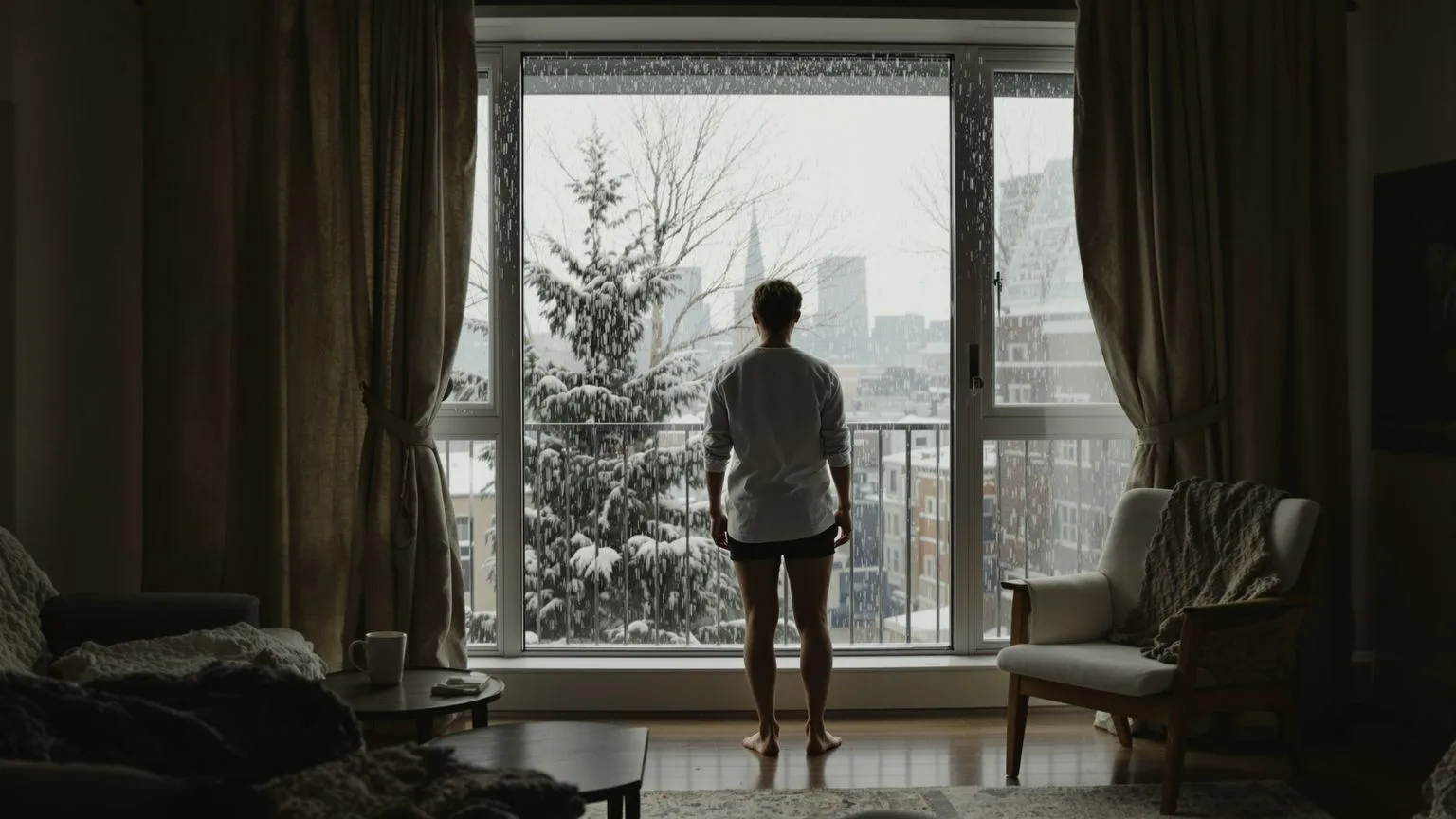 Person standing in a living room facing a rain-streaked window, body language conveying feeling empty