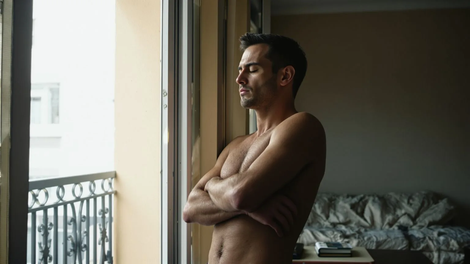 Man leaning in balcony doorway with eyes closed showing what keeps you stuck even when trying so hard