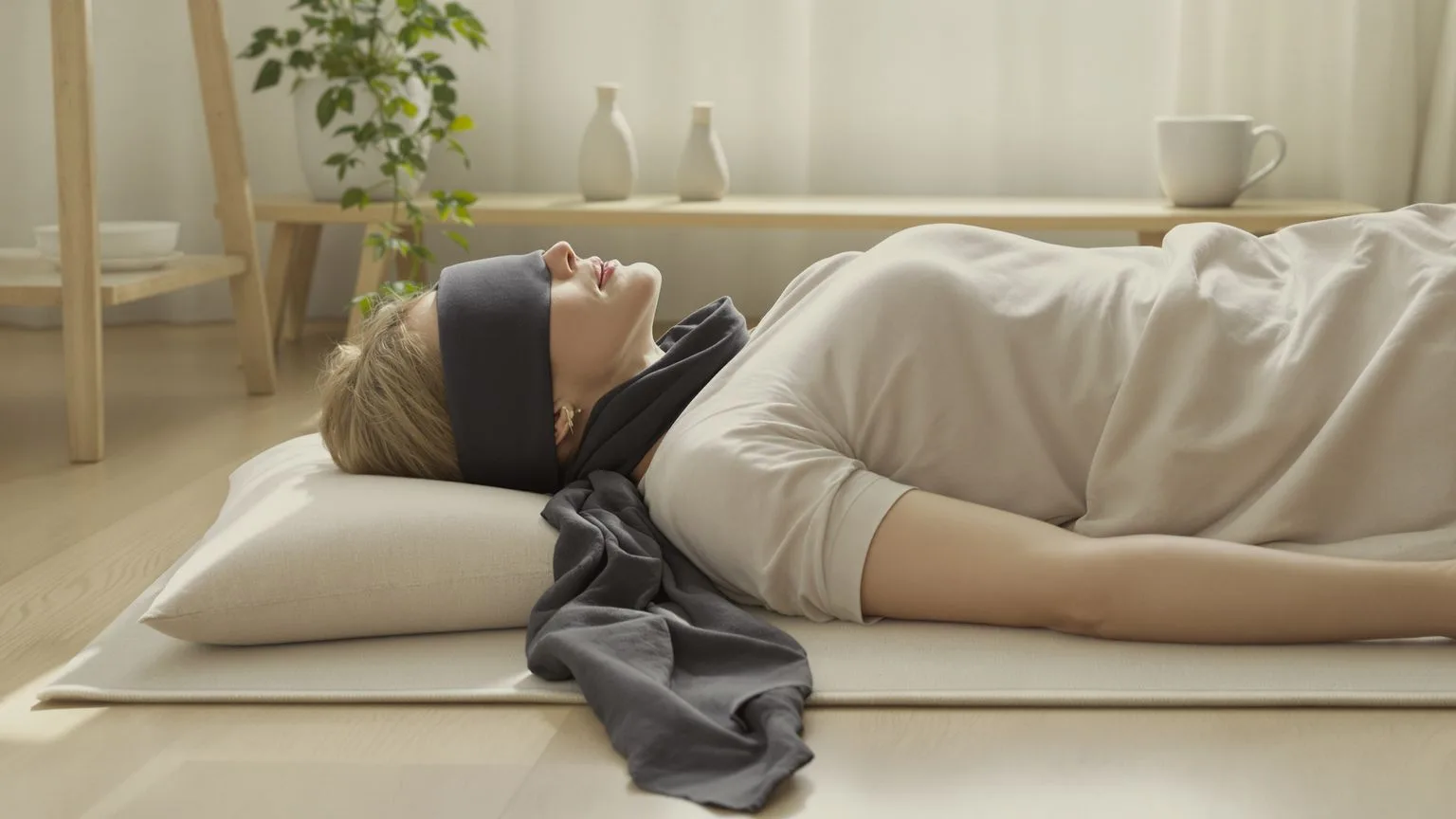 Person in Feeling Session posture on wooden floor exploring why every conversation feels risky