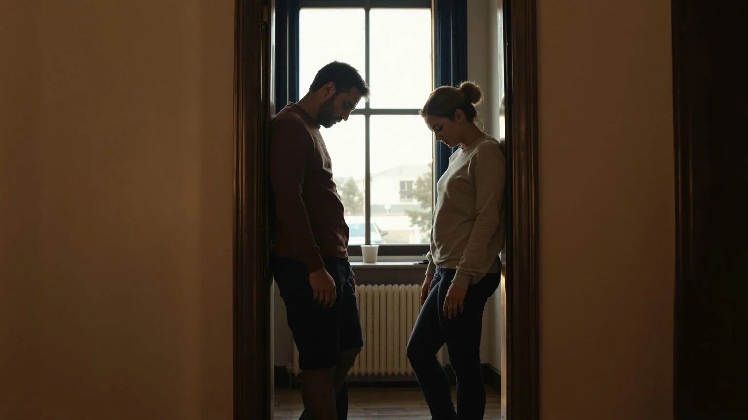 Two people standing quietly in doorway sharing stillness during a 10-minute reset when body is bracing