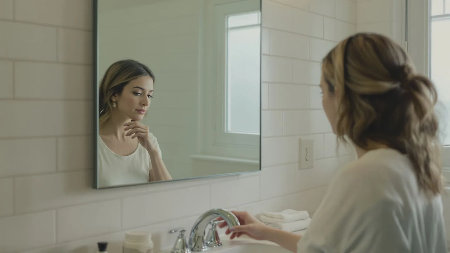Woman at bathroom mirror with upright posture learning how to stop shrinking without starting a war