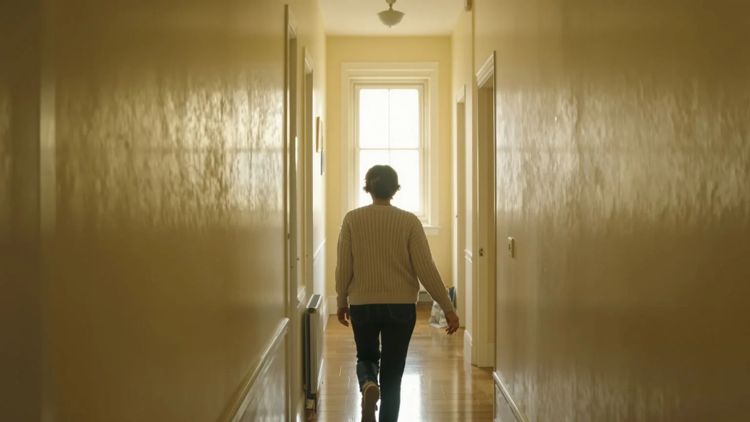 Woman walking slowly through sunlit hallway with relaxed neck showing what changes after you stop bracing