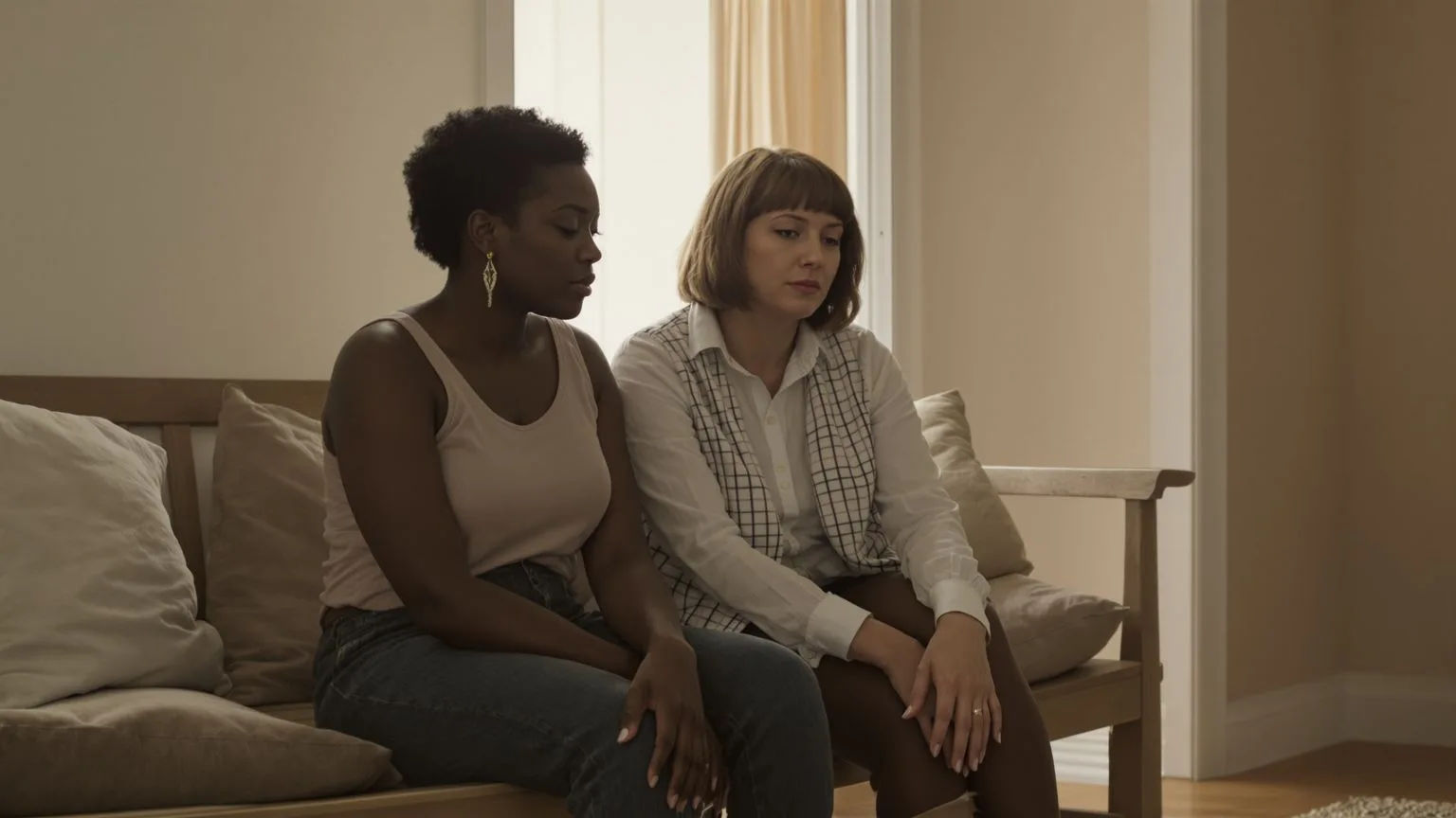 Two women sitting quietly together on bench in living room showing what shifts when you start naming what is real