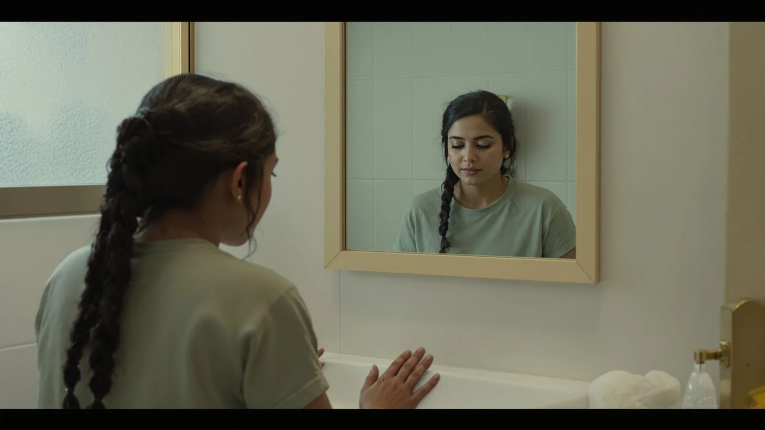 Woman at bathroom sink seen through mirror reflecting how manipulation hijacks your nervous system