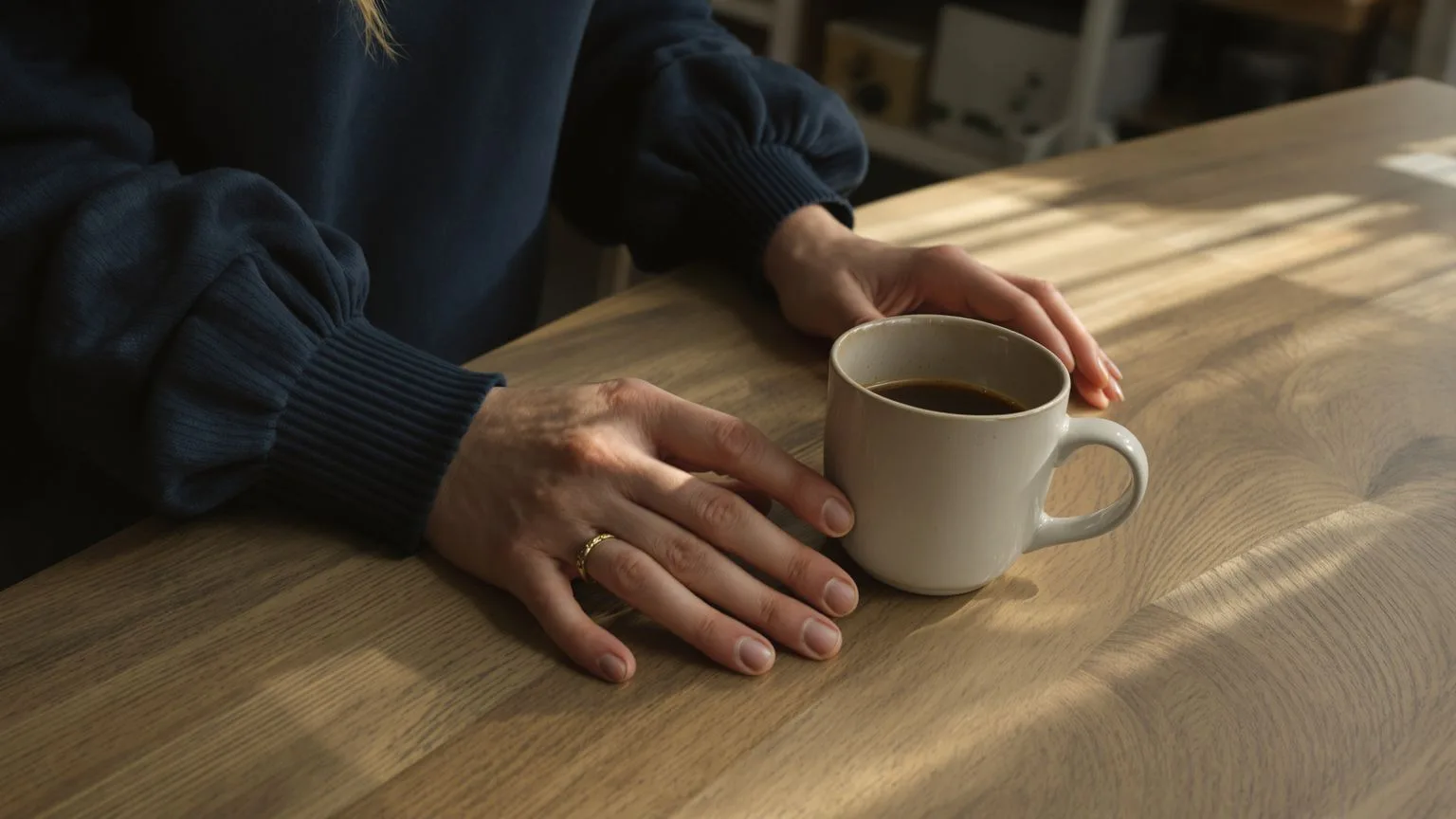 Woman's hands resting on wooden kitchen table beside ceramic mug showing patterns that keep you stuck in emotional manipulation