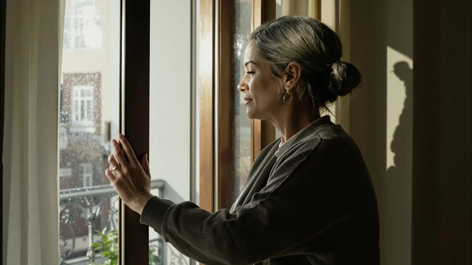 Woman standing at open balcony doorway in profile when something feels off but you cannot prove it