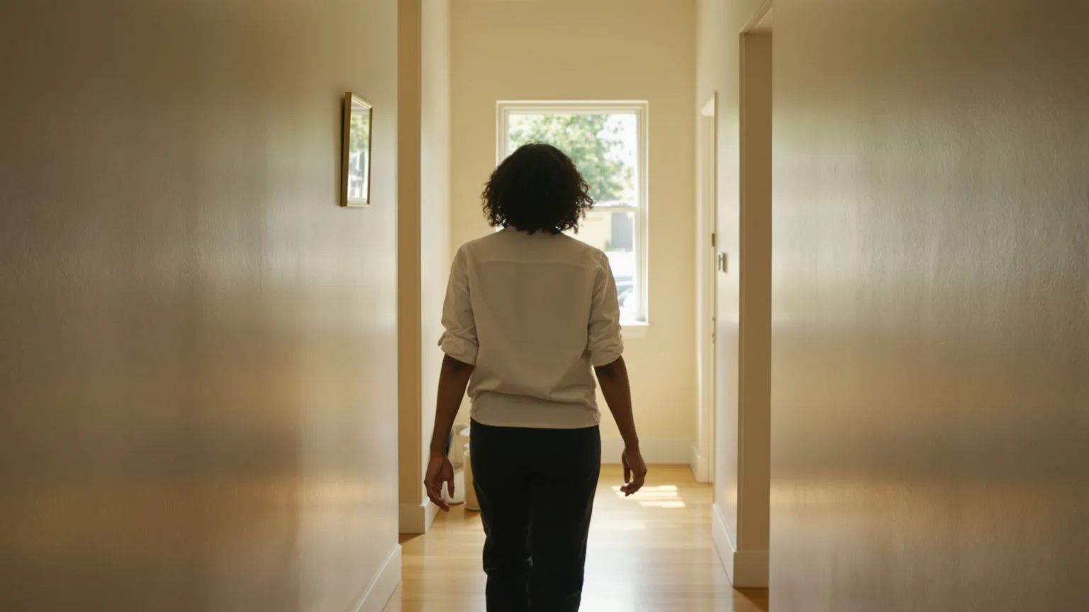 Woman walking slowly down sunlit hallway toward light showing one grounded way to respond without abandoning yourself