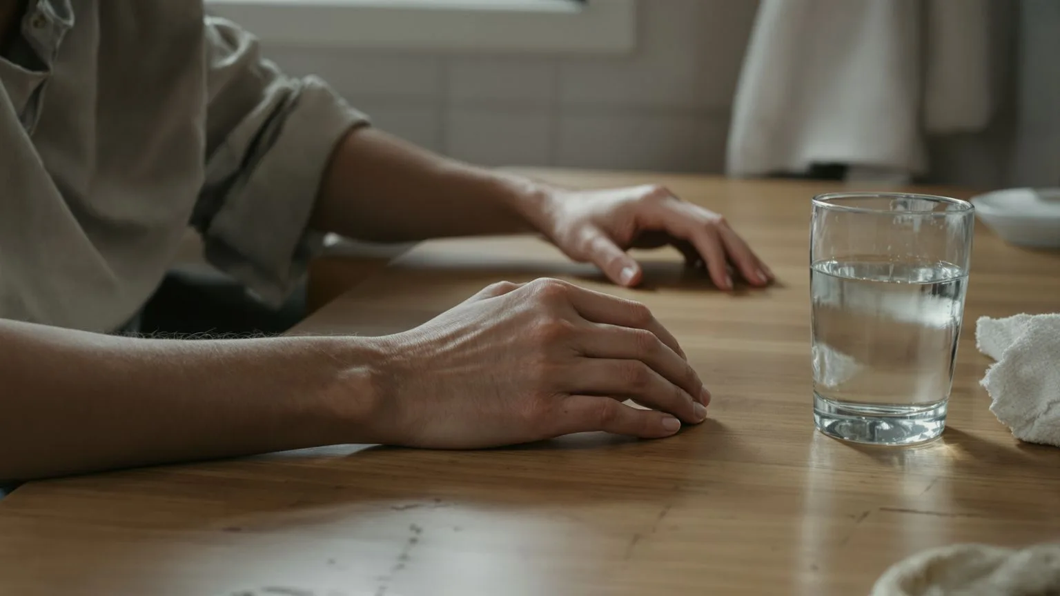 Close-up of two people's hands on kitchen table with downcast eyes showing other things that block the tears