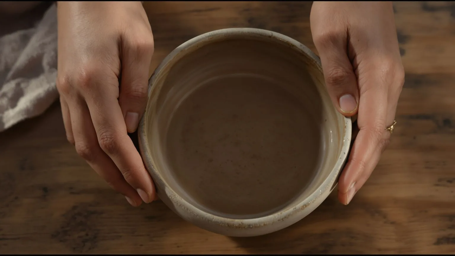 Hands resting beside ceramic bowl on wooden table in quiet readiness for a practice for when you're ready