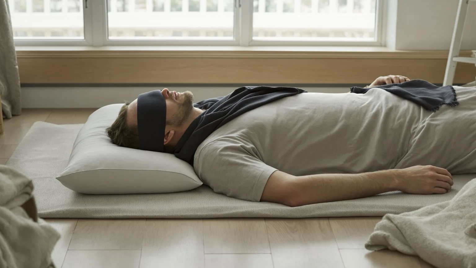 Person lying on wooden floor in Feeling Session posture with eyes covered showing why your body needs tears