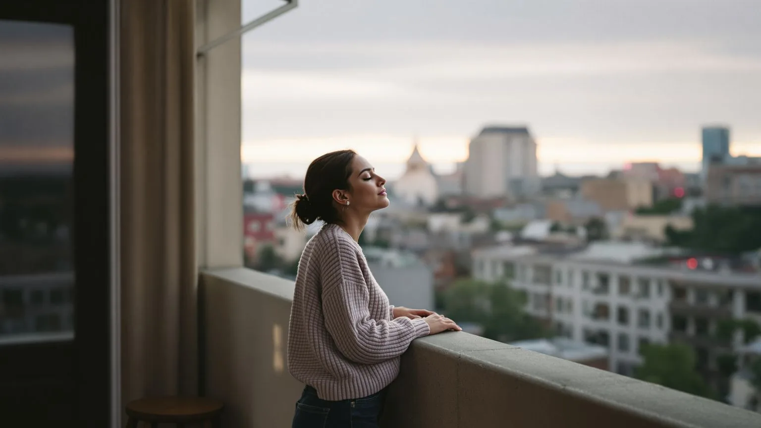 Woman at balcony edge with eyes closed in evening light contemplating what if the tears still won't come