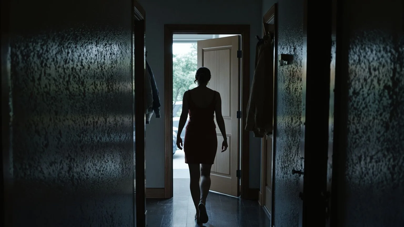 Woman walking through dim hallway toward open door light representing the wall you built to survive