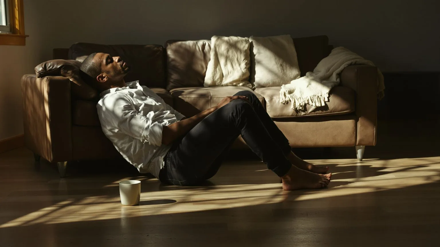 Man sitting on floor learning how to forgive yourself with eyes closed in quiet morning light