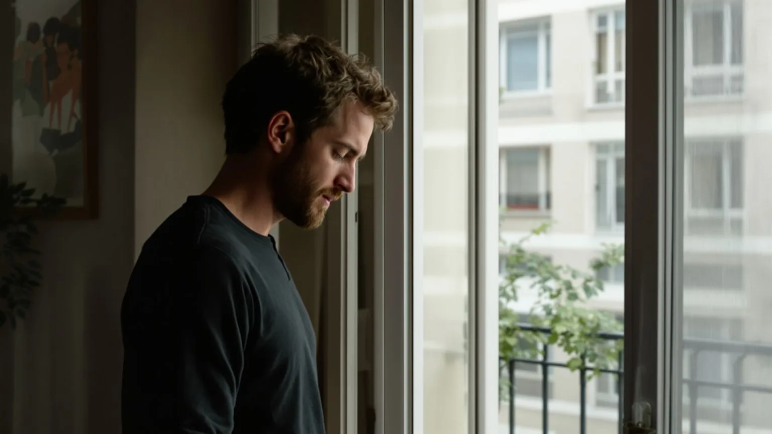 Man standing at balcony threshold illustrating the difference between guilt and shame