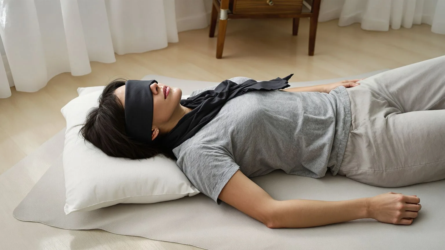 Woman in Feeling Session posture on wooden floor showing you're not a bad person having good thoughts