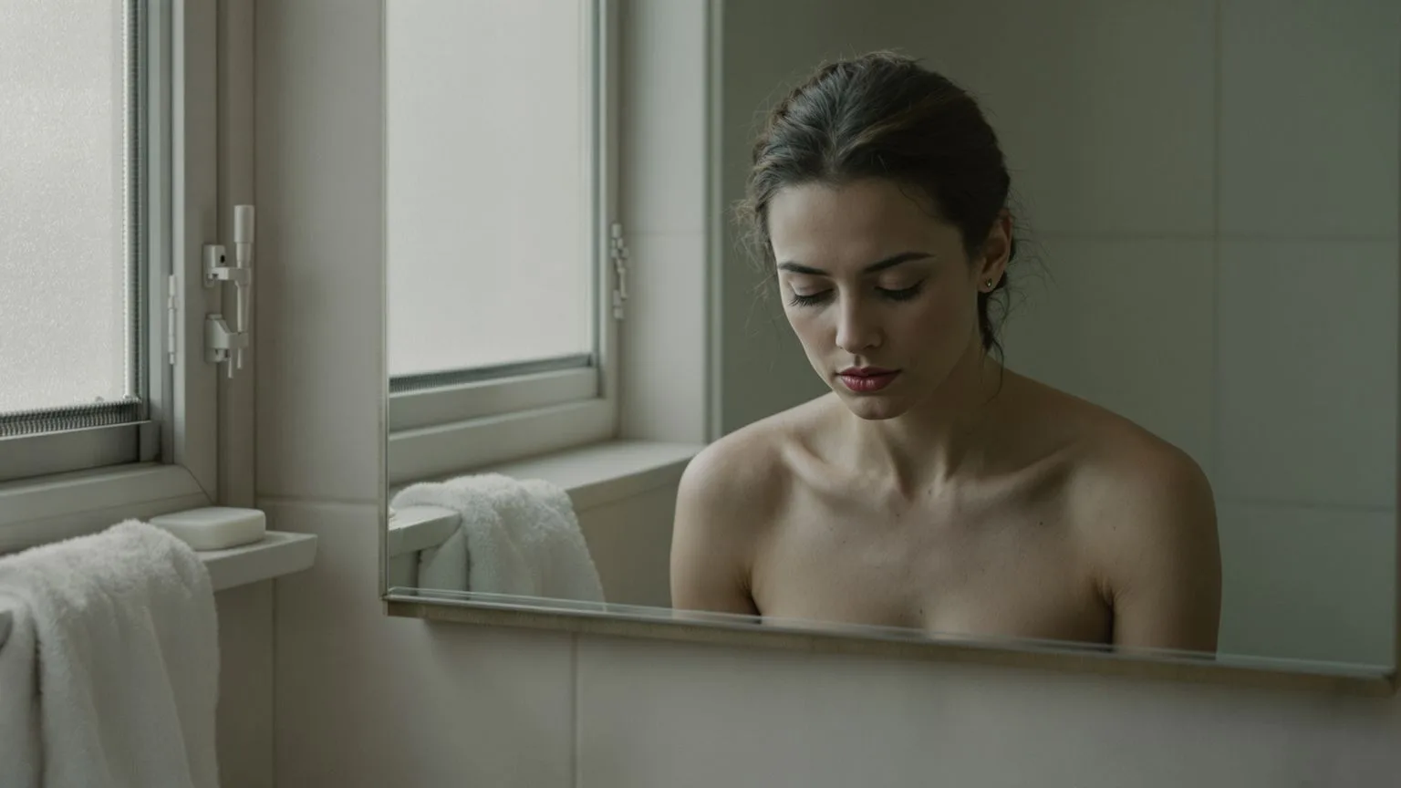 Woman's reflection in bathroom mirror showing where guilt lives in the body through tense shoulders