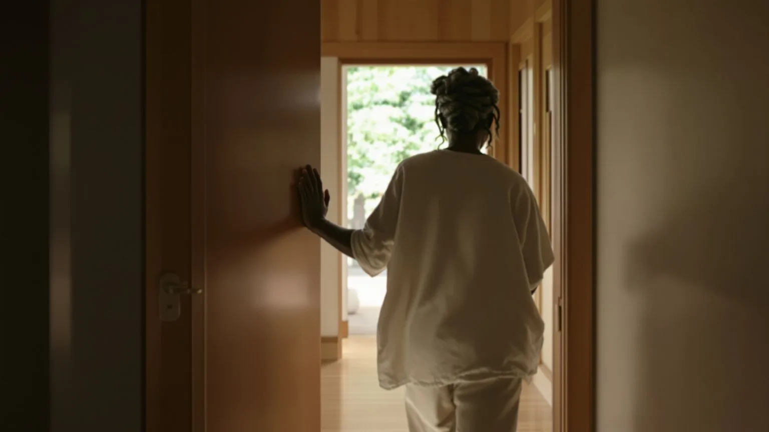 Woman walking through doorway learning how to forgive yourself for past mistakes with hand on frame