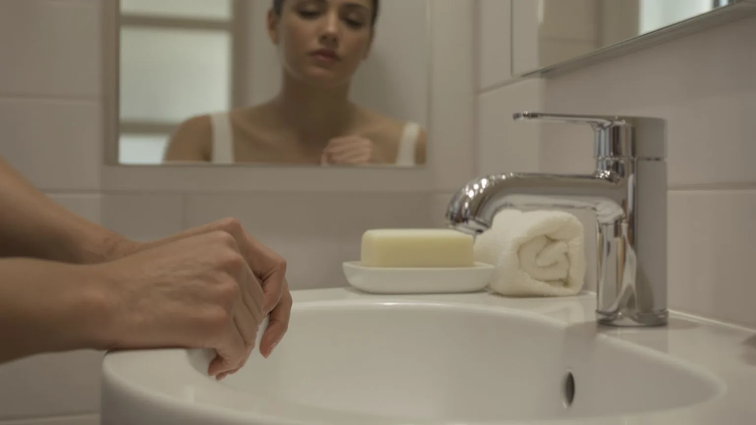 Hands gripping bathroom sink edge reflecting the fear of abandonment connection