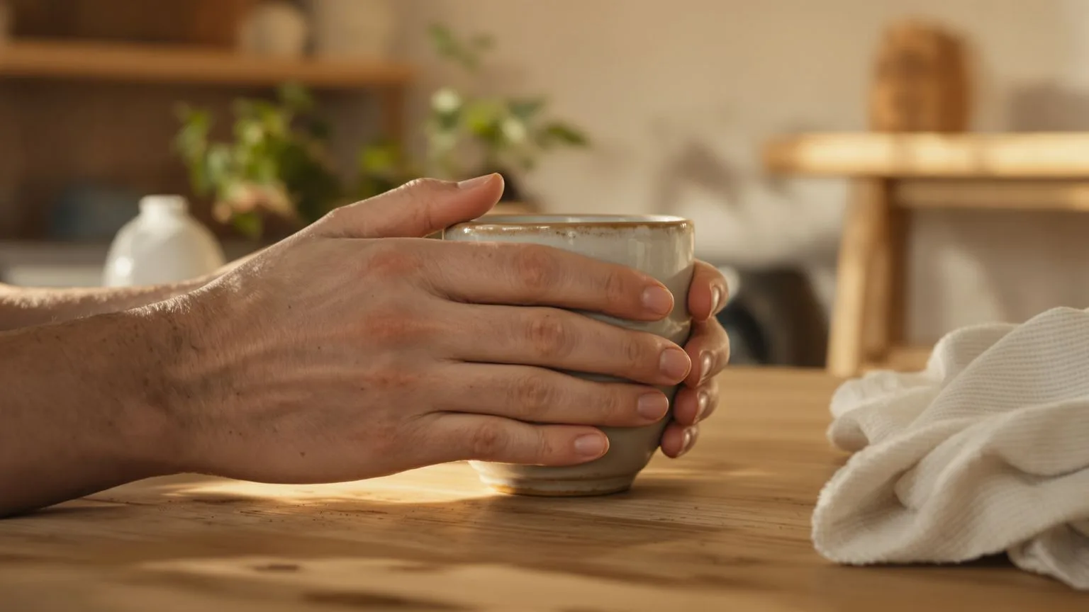 Hands resting on wooden table with ceramic mug embodying you don't need everyone to like you