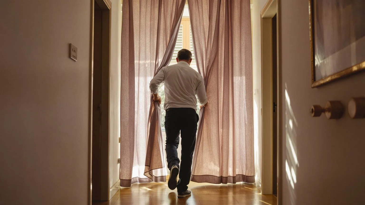 Person stepping through curtain into hallway recognizing this feeling isn't new