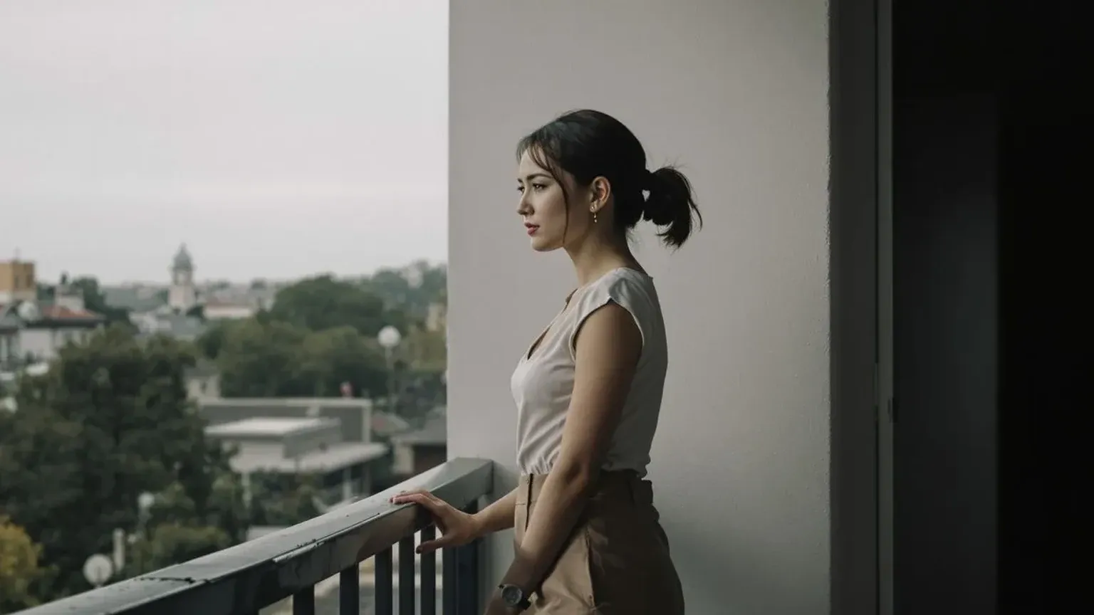 Woman standing at balcony threshold exploring why do I think everyone hates me the mind's role