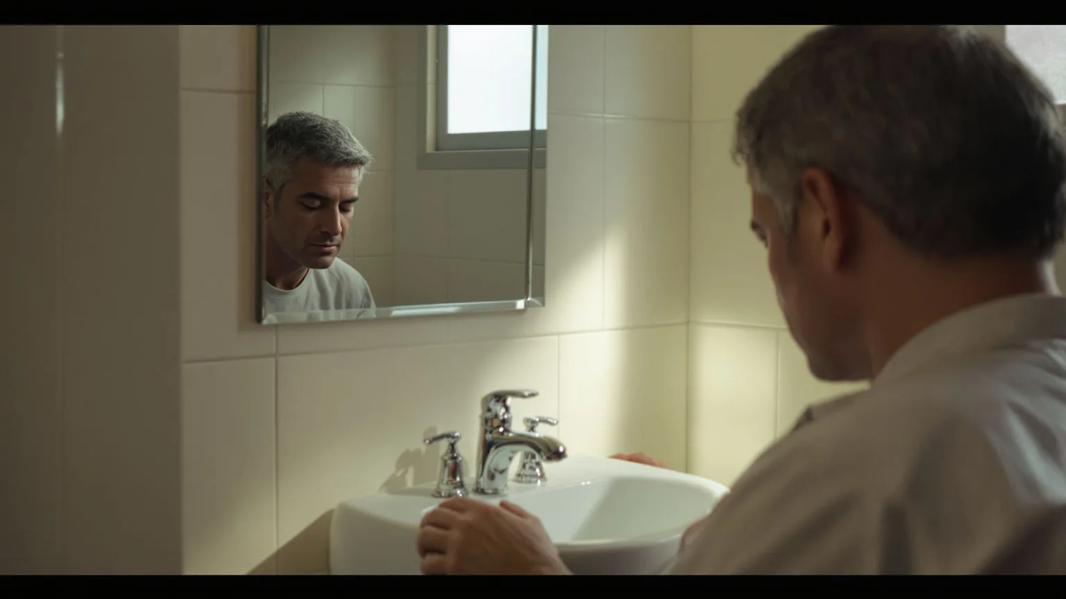 Man with closed eyes at a bathroom sink seen in mirror reflection, what to do when feeling lost in life