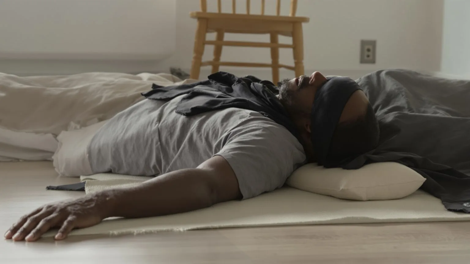 Person lying on wooden floor in Feeling Session posture exploring the emptiness underneath
