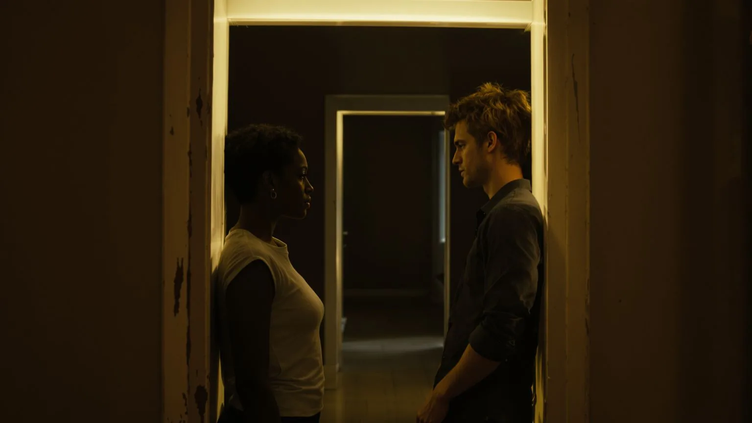 Two people standing quietly in a doorframe sharing stillness, your body knows the way