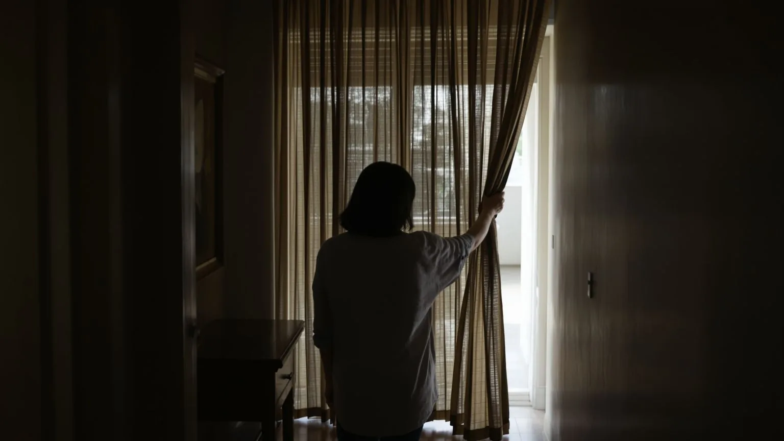 Woman pulling back a curtain in a dim hallway stepping toward light, learning to trust the unknown