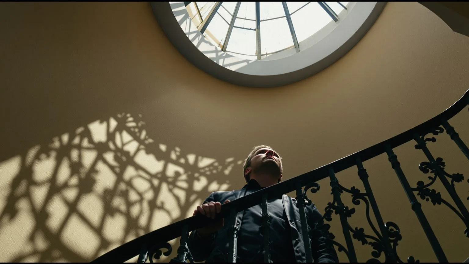 Man paused on spiral staircase with light from above, evoking why do I push people away Man paused on spiral staircase with light from above, evoking why do I push people away