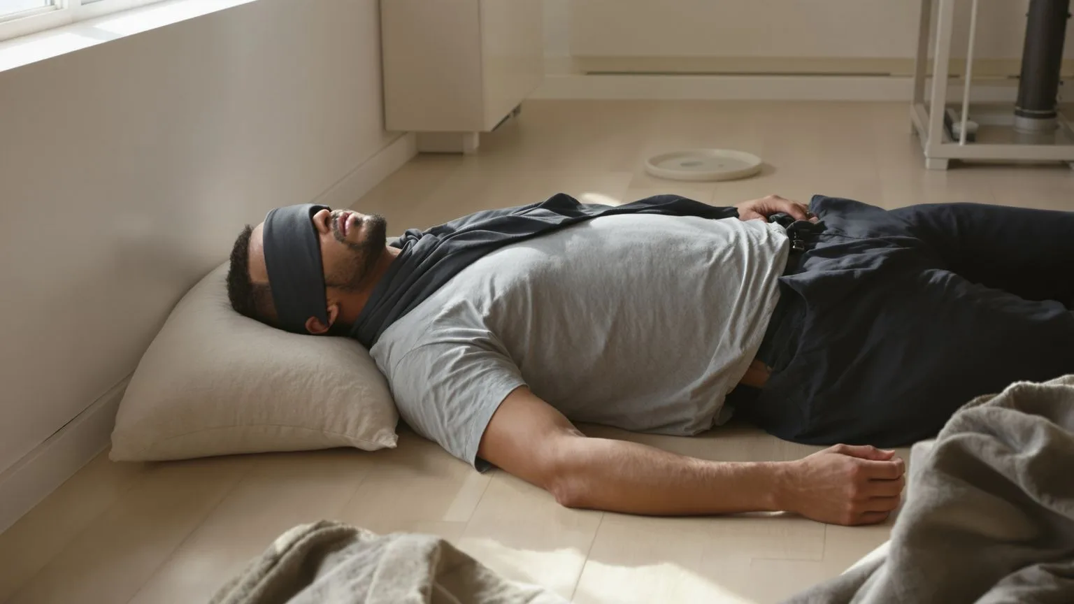 Person lying on wooden floor in Feeling Session posture with palms down and eyes covered, where the Person lying on wooden floor in Feeling Session posture with palms down and eyes covered, where the pattern started