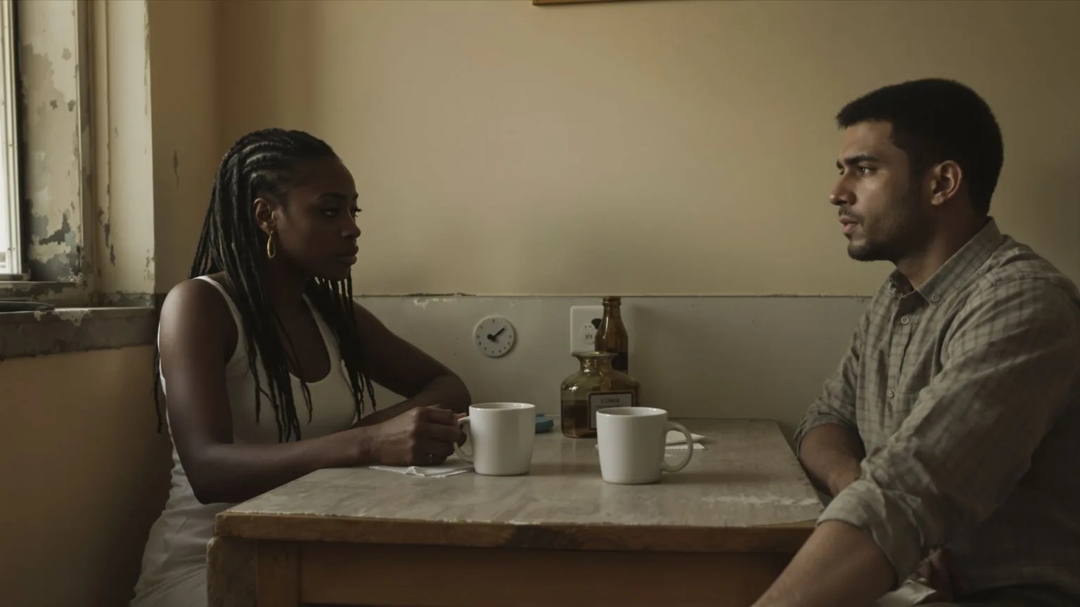 Two people sitting apart on a sofa with visible tension in the body between them Two people sitting apart on a sofa with visible tension in the body between them