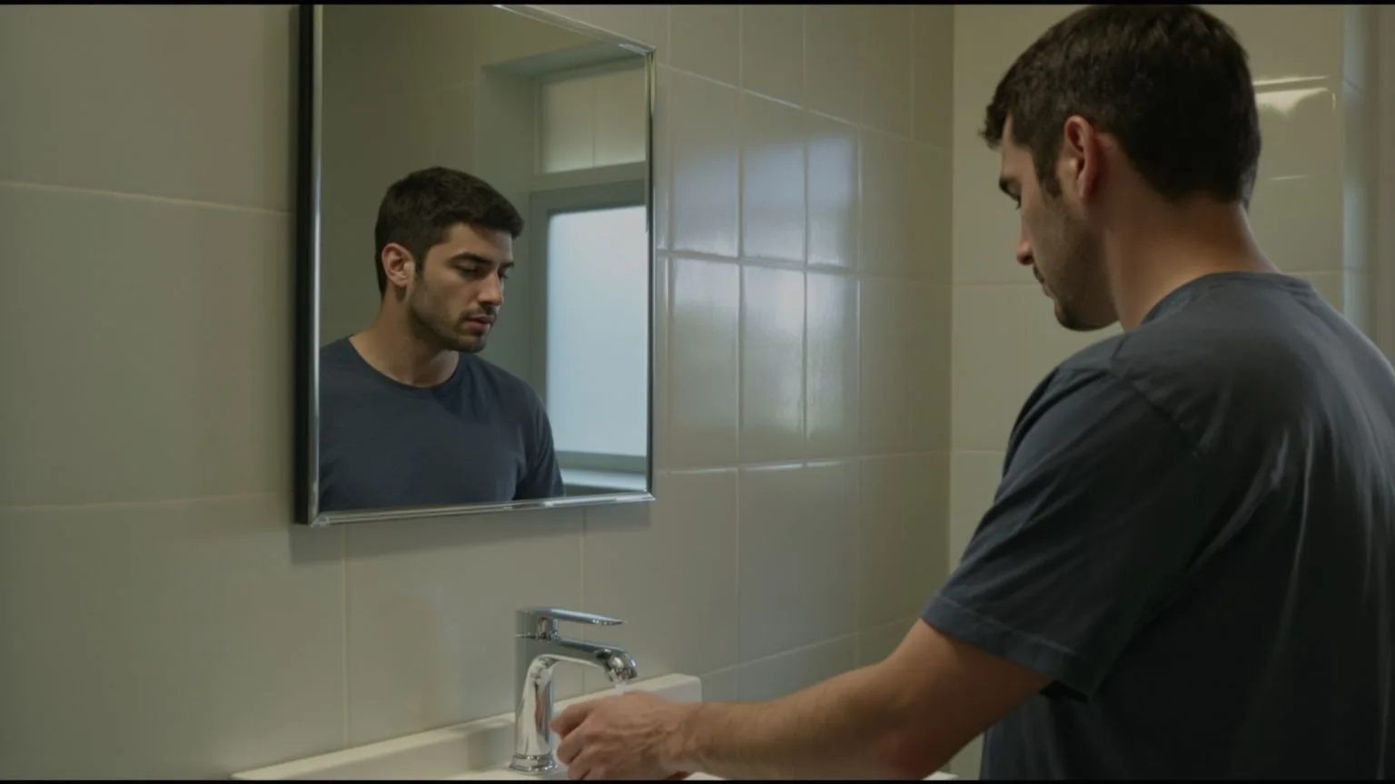 Man at bathroom sink seen in mirror reflection with eyes lowered, what fills the emptiness