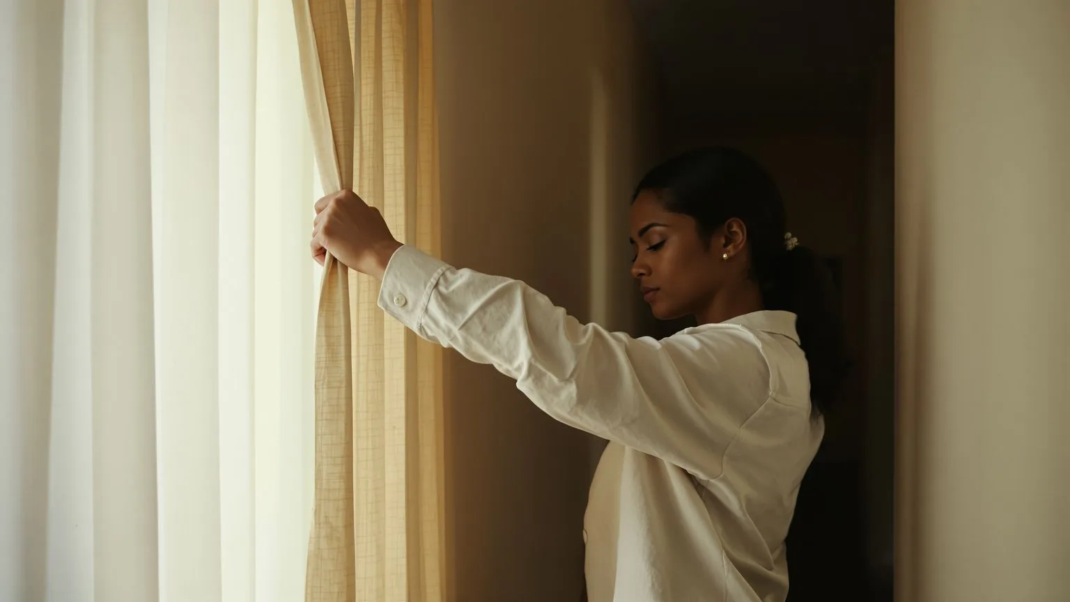 Woman pulling back curtain in dim hallway, body caught in soft light, where emptiness lives in the body