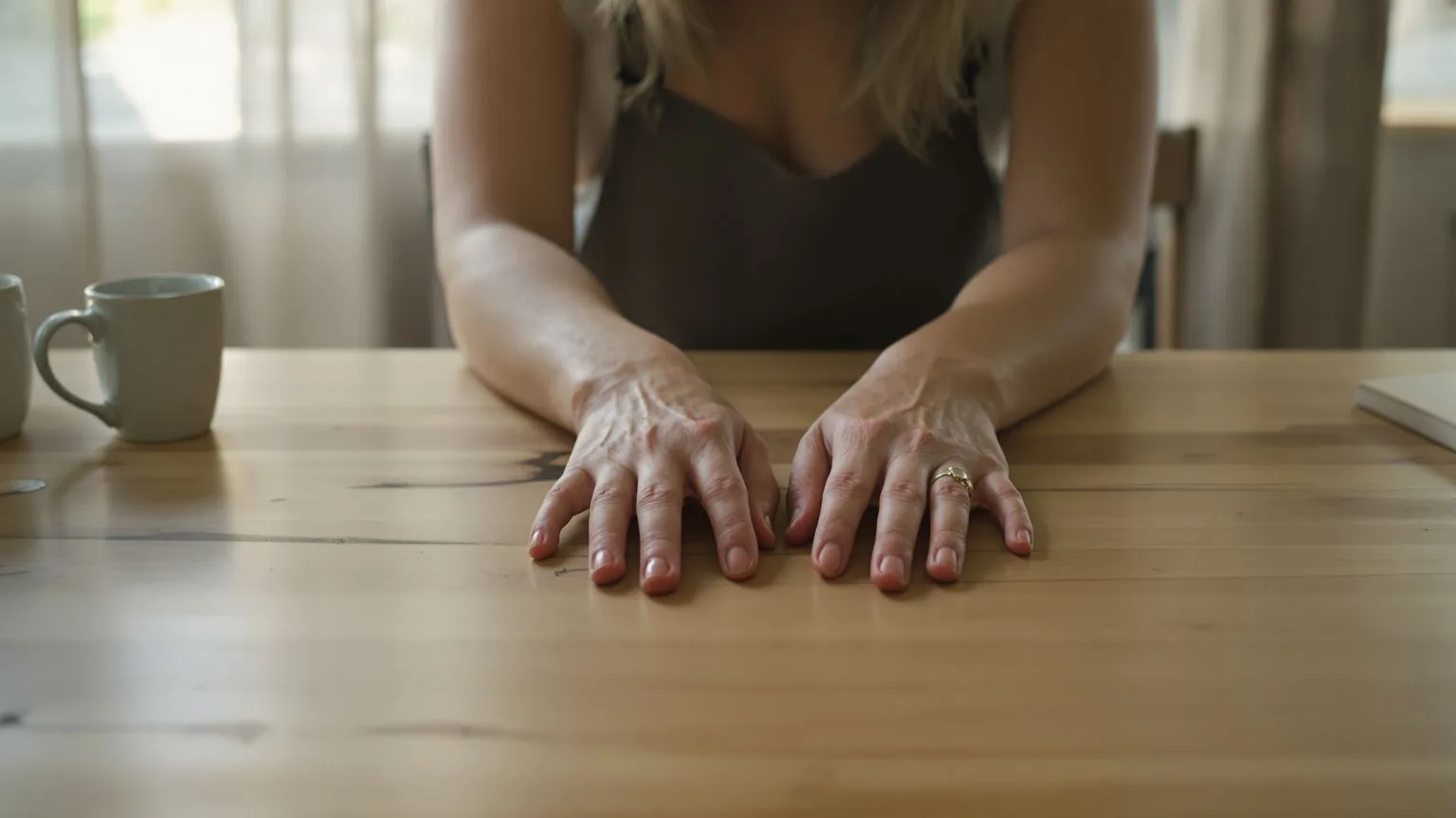 Hands resting palms down on a wooden table as part of a daily grounding practice Hands resting palms down on a wooden table as part of a daily grounding practice