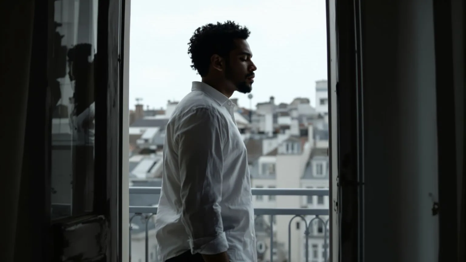 Man standing at a balcony doorway feeling why you feel ungrounded as light enters the room Man standing at a balcony doorway feeling why you feel ungrounded as light enters the room