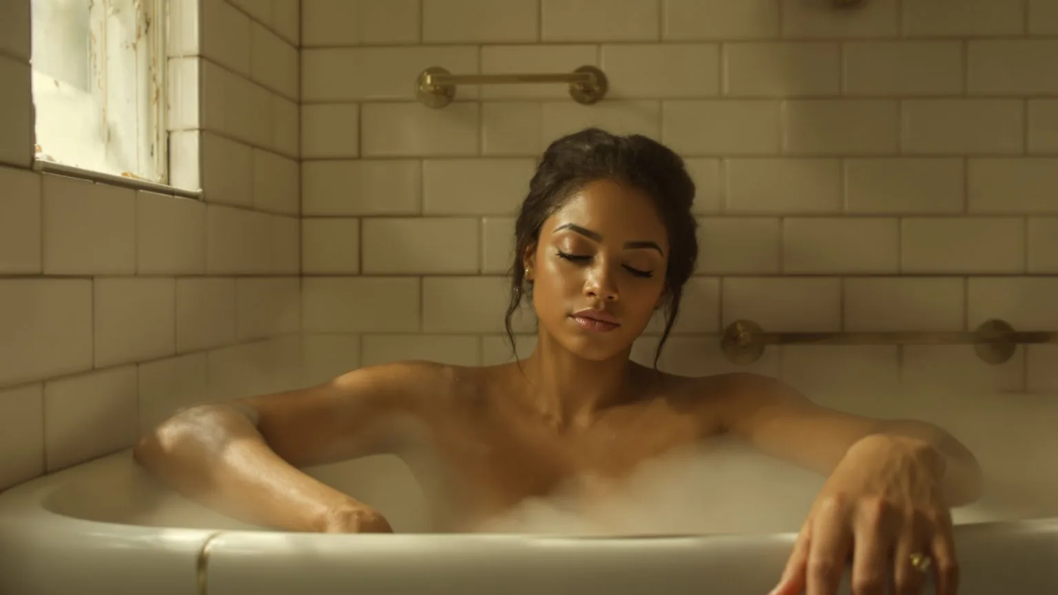 Woman learning how to ground yourself by resting in a deep bathtub with steam rising in a real bathr Woman learning how to ground yourself by resting in a deep bathtub with steam rising in a real bathroom