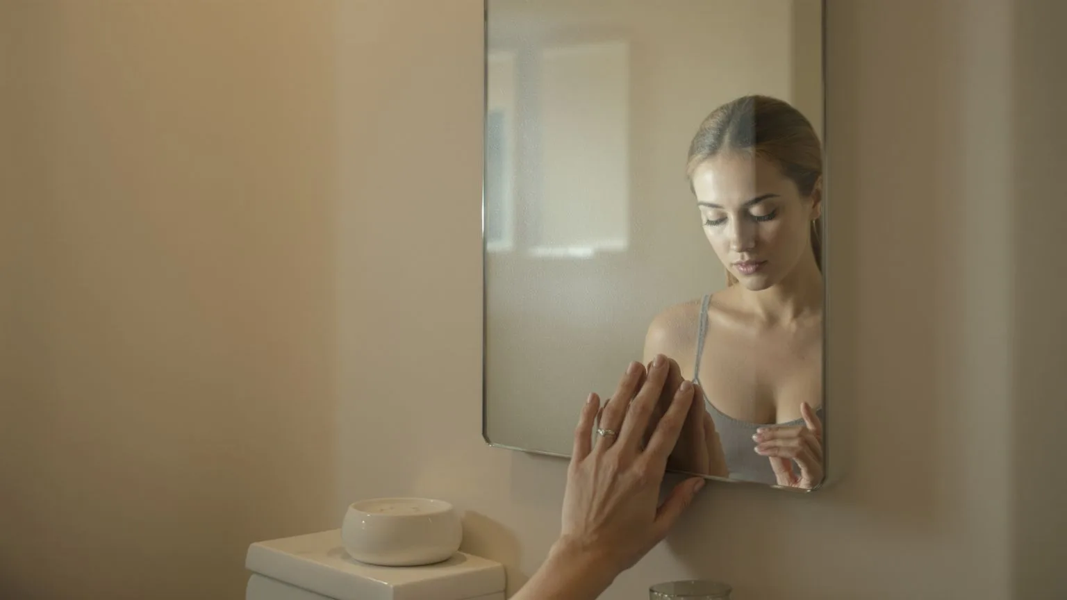 Woman pausing at a bathroom mirror reflecting on the grounding practice that actually works Woman pausing at a bathroom mirror reflecting on the grounding practice that actually works
